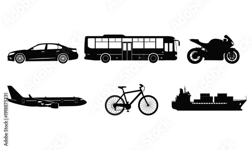 Transportation Silhouette Set – Car, Bus, Motorcycle, Bicycle and Airplane Vector Collection
