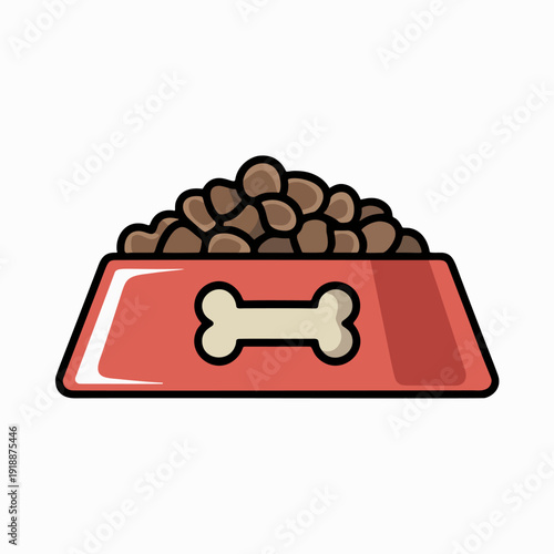 Red Pet Food Bowl Full of Kibble with Bone Motif Vector