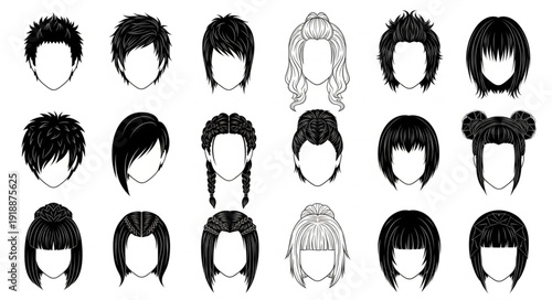 Collection of diverse hairstyles for women and men illustrated in black and white.