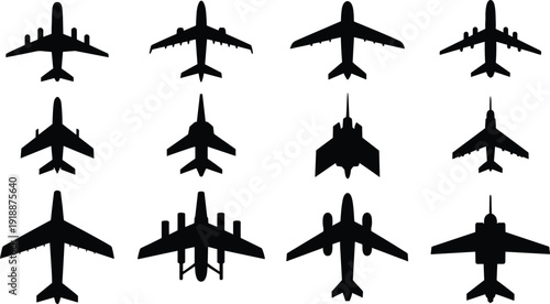 Aircraft top view silhouette vector collection with commercial airplanes and military jets, black aviation icons isolated on white background
