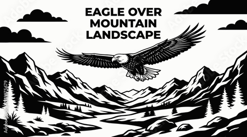 eagle bird wildlife nature landscape sky wings flying habitat mountain outdoor environment scenic migration black and white vector illustration
