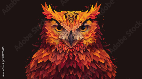Vibrant owl portrait with fiery colors and intricate details on dark backdrop