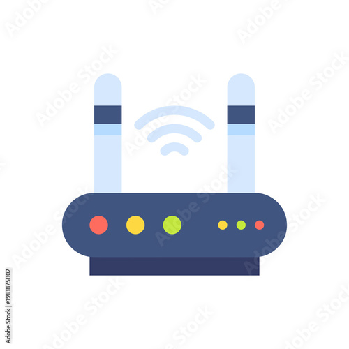 Modern wireless router with dual antennas and colorful indicator lights, providing strong wifi signal for home or office network, internet access device for fast connectivity
