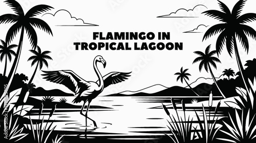 flamingo bird wildlife nature landscape sky wings habitat tropical lagoon outdoor environment scenic migration black and white vector illustration