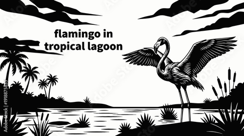 flamingo bird wildlife nature landscape sky wings habitat tropical lagoon outdoor environment scenic migration black and white vector illustration