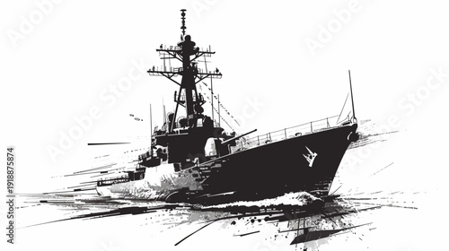 Black and white illustration of a warship sailing on water isolated
