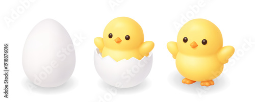 White egg, hatching chick and baby chicken. Easter 3D vector illustration collection