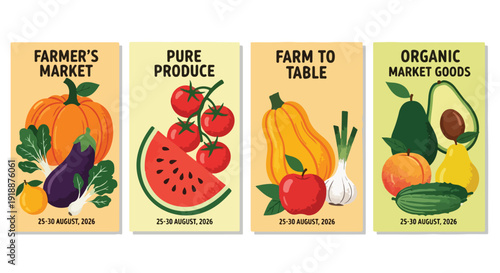 Set of 4 Organic Farmer's Market Produce Posters Vector