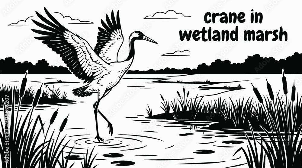 Obraz premium crane bird wildlife nature landscape sky wings habitat wetland marsh outdoor environment scenic migration black and white vector illustration