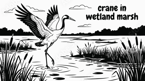crane bird wildlife nature landscape sky wings habitat wetland marsh outdoor environment scenic migration  black and white vector illustration
