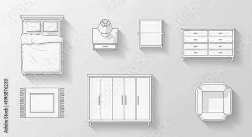 Collection of bedroom furniture items arranged on a plain background.
