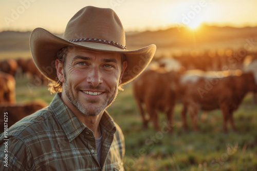 A man wearing a cowboy hat and smiling in front of a herd of cows. Concept of happiness and contentment, as the man is enjoying his time in the countryside