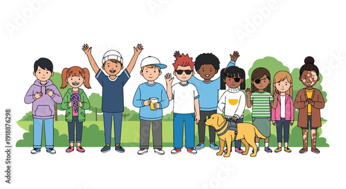 Diverse Group of Smiling Children with Disabilities and Service Dog Illustration
