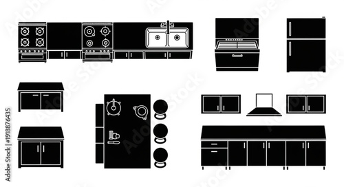 Collection of kitchen appliances and cabinets in black and white illustration.