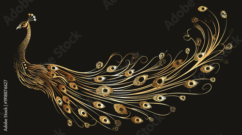 Elegant golden peacock illustration with detailed feathers on a black backdrop
