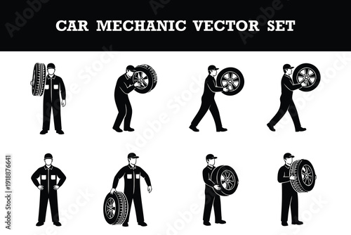 Collection of car mechanic vector illustrations showing workers handling tires in various poses and actions ideal for automotive industry designs