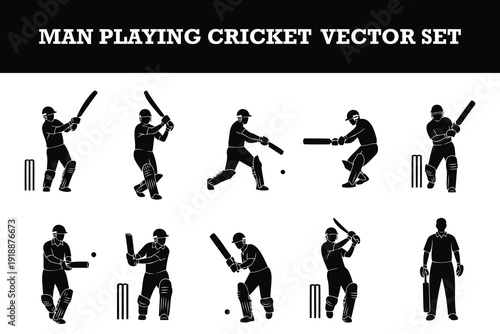 Collection of dynamic cricket player silhouette vector illustrations showing various batting poses and stances isolated