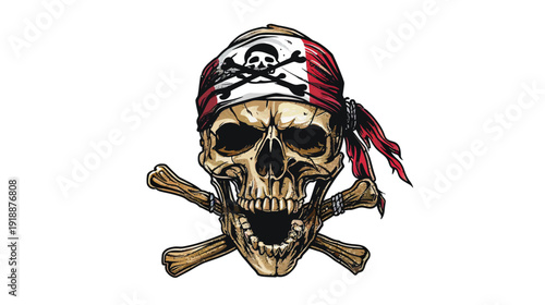 Detailed skull illustration with crossbones and pirate bandana on white background