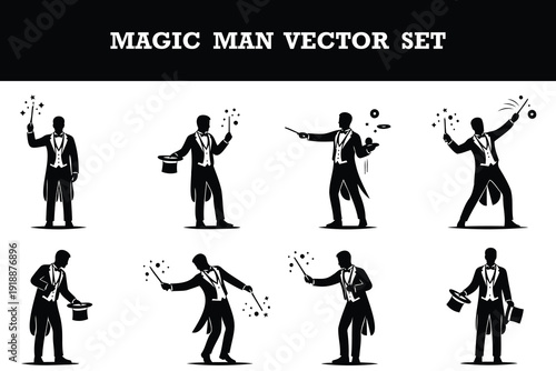 Collection of stylish magic man silhouette vector illustrations performing various tricks and poses isolated