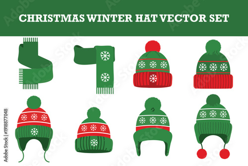 Colorful christmas winter hat and scarf vector set with festive patterns and pompoms isolated collection