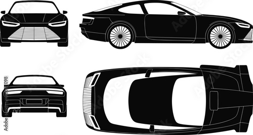 Black luxury sports car silhouette set with front, side, rear and top views isolated on white background, modern vehicle vector illustration collection