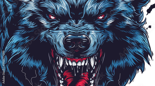 Intense snarling wolf illustration with sharp teeth and striking blue fur details