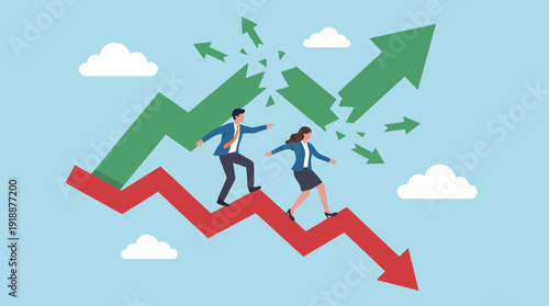 A team of two business professionals navigate a dynamic market with green and red trends, illustrating the challenges and opportunities in modern business environments.