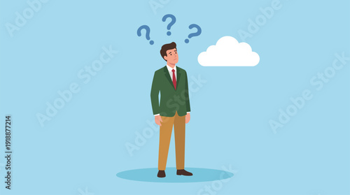 A man in a suit stands with a puzzled expression, surrounded by question marks, conveying confusion and uncertainty, reflecting the challenges many face in decision-making processes.