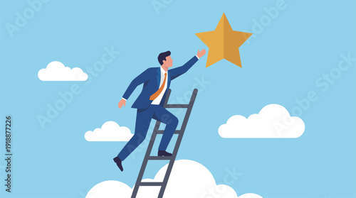 A determined man climbs a ladder reaching for a shiny star, symbolizing aspiration and the pursuit of dreams against a bright and optimistic background in an illustrated style.