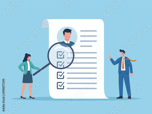 A business analysis scene where a woman examines a checklist with a magnifying glass while a man points toward the report, emphasizing evaluation and scrutiny in hiring.