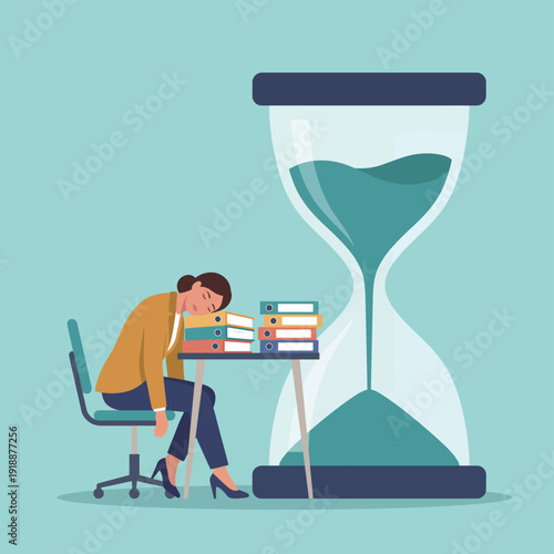 A tired woman rests her head on a desk covered with paperwork, illustrating the stress and fatigue associated with overwhelming workloads and time management challenges.