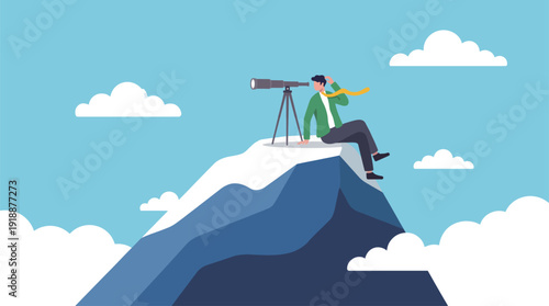 A man with a telescope is viewing a distant landscape from a mountain peak, representing exploration, adventure, and the pursuit of knowledge through observation and discovery.