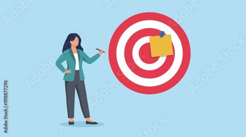 A woman is placing a note on a target, symbolizing the importance of goal-setting and focus in achieving personal and professional aspirations in the modern age.