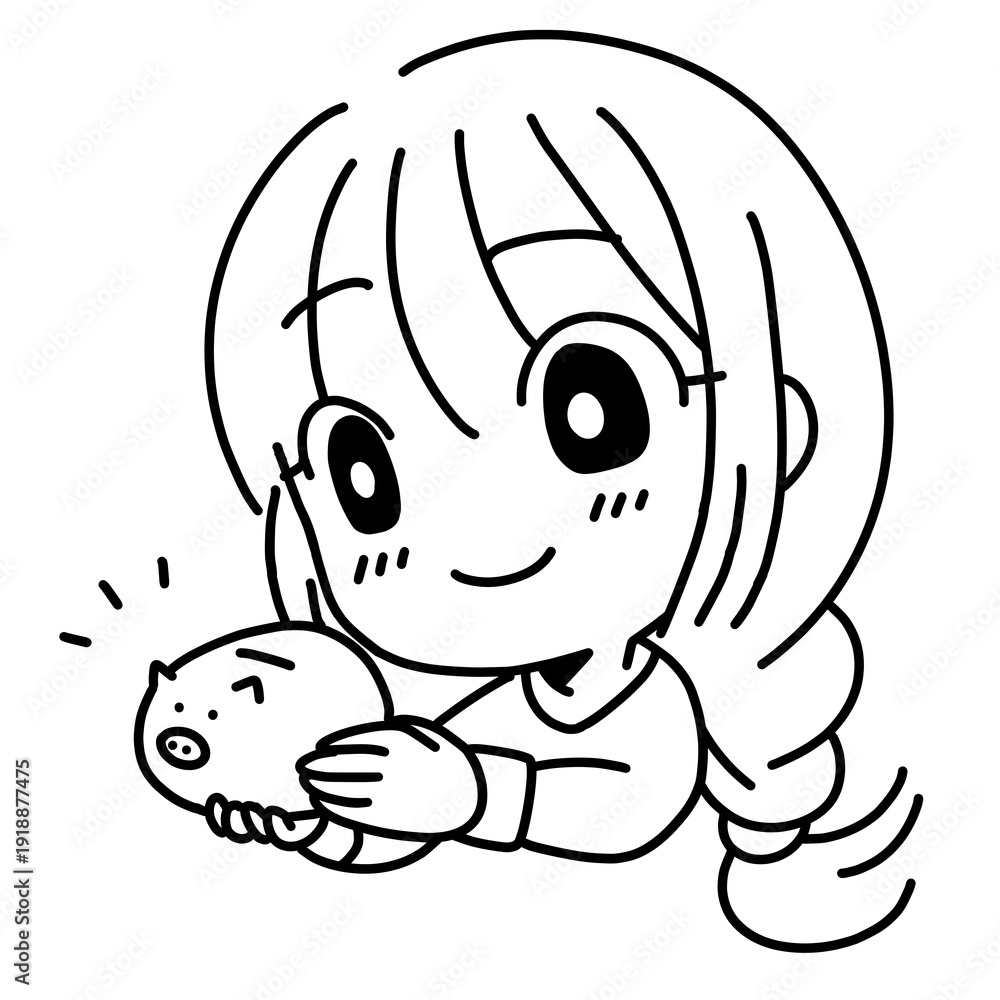 Obraz premium 貯金箱を持つ女性の線画イラスト