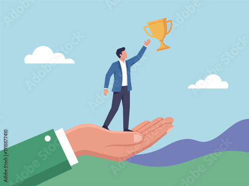A businessman stands triumphantly on a hand, raising a trophy, symbolizing achievement and recognition after overcoming obstacles in a professional journey.