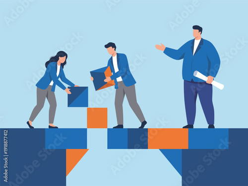 A group of professionals work together to fit colorful blocks into place, symbolizing teamwork and collaboration towards building something meaningful.