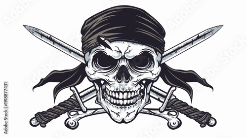 Pirate skull illustration with crossed swords and a bandana on white background