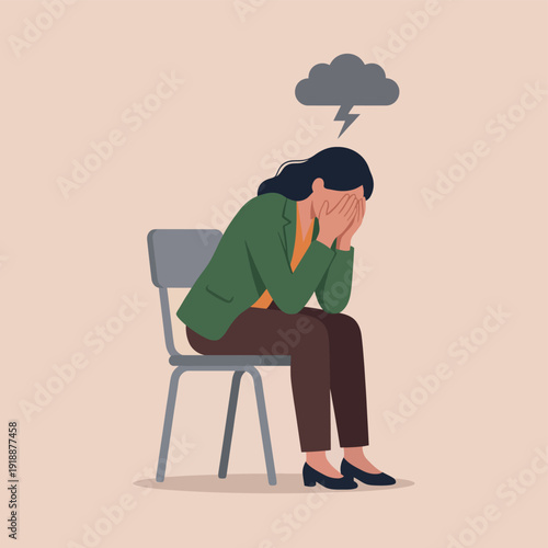 A person with their head down, sitting on a chair, expressing feelings of sadness, worry, and despair, highlighting the emotional burden of stress and anxiety.