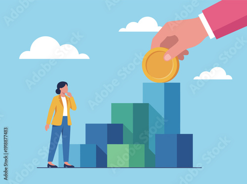 A thoughtful woman considers investment growth while a large hand places a coin atop rising bars, symbolizing financial planning, growth strategies, and economic success.