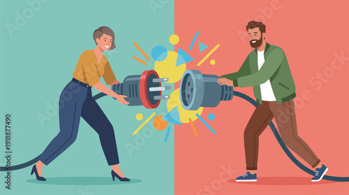 The image portrays two individuals playfully pulling on a large electrical plug, symbolizing collaboration, connectivity, and teamwork in a vibrant and modern style.
