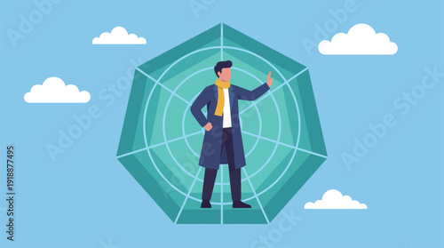 A stylized illustration of a man in a coat stands confidently within a geometric web, representing personal strength and protection amidst a light, airy background.