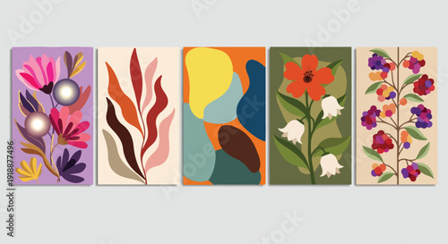 Set of 5 Abstract Botanical Art Prints with Colorful Flowers and Leaves