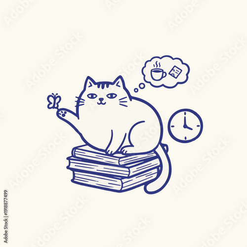 Procrastinating Cat Sitting on Books Thinking of Coffee Blue Line Art Vector for Education Academic Stress and Study Habits
