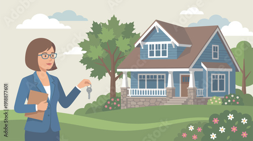 A cheerful real estate agent is holding house keys in front of a charming home, emphasizing the excitement of new beginnings in home ownership and property purchase.