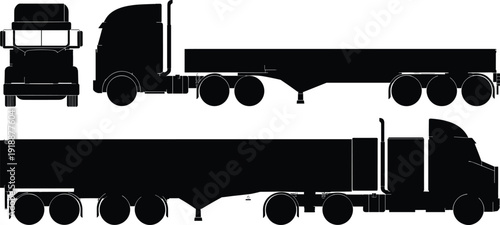 Black semi truck with trailer silhouette set front and side views isolated on white background, heavy cargo transport vehicle vector illustration