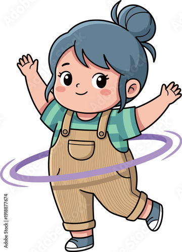 A cute young girl in overalls joyfully hula hooping, embodying happiness and playfulness, showcasing a carefree childhood moment of fun and imagination in vibrant colors.