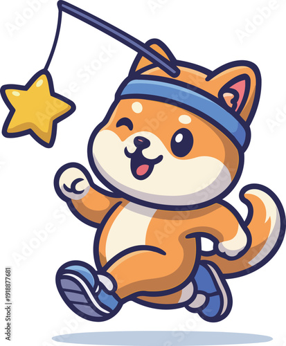 A cheerful cartoon dog with a star toy on a string, happily running, reflecting joy and excitement, embodying the carefree spirit of pets and their innocence.