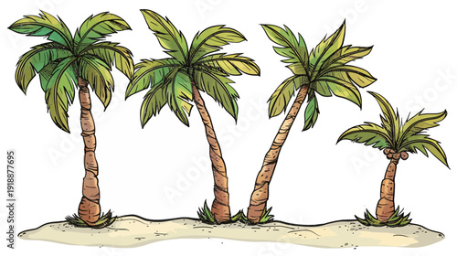 Cartoon palm trees on sandy shoreline for vacation or tropical themes