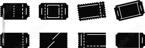 Black ticket stub icon set, cinema and event admission pass silhouettes with perforated edges, coupon voucher symbols isolated on white background, simple vector illustration collection