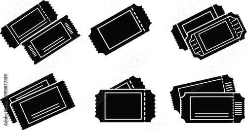 Black vintage admission tickets bundle isolated on white background, blank cinema and event entry stubs collection, retro raffle coupon template vector illustration